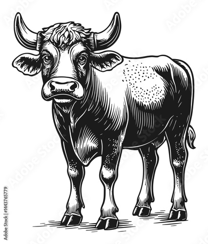 Detailed Hand-Drawn Engraving Illustration of a Cow with Horns