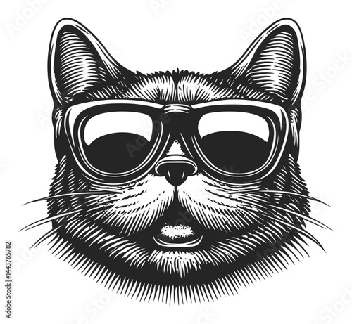 Hand-Drawn Engraving Illustration of a Cat Wearing Sunglasses