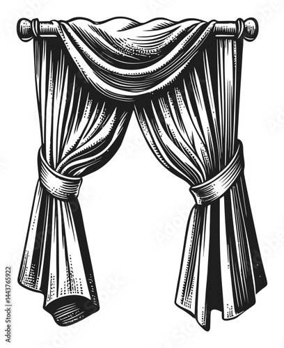 Vintage Hand-Drawn Engraving of Elegant Draped Curtains