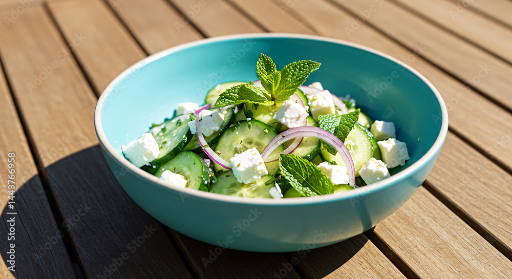 A refreshing cucumber and mint salad with feta cheese, red onion, and olive oil, served in a bright ceramic bowl.
A refreshing cucumber and mint salad with feta cheese, red onion, and olive oil, served in a bright ceramic bowl.