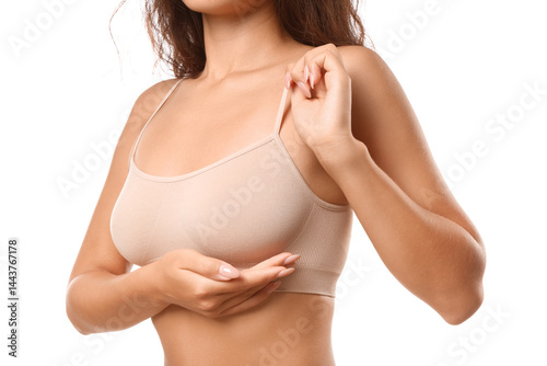 Young woman in beige top on...