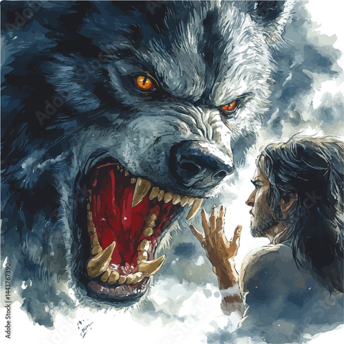 watercolor of Norse God Tyr Sacrificing His Hand To Fenrir, vector, isolated on a white background.