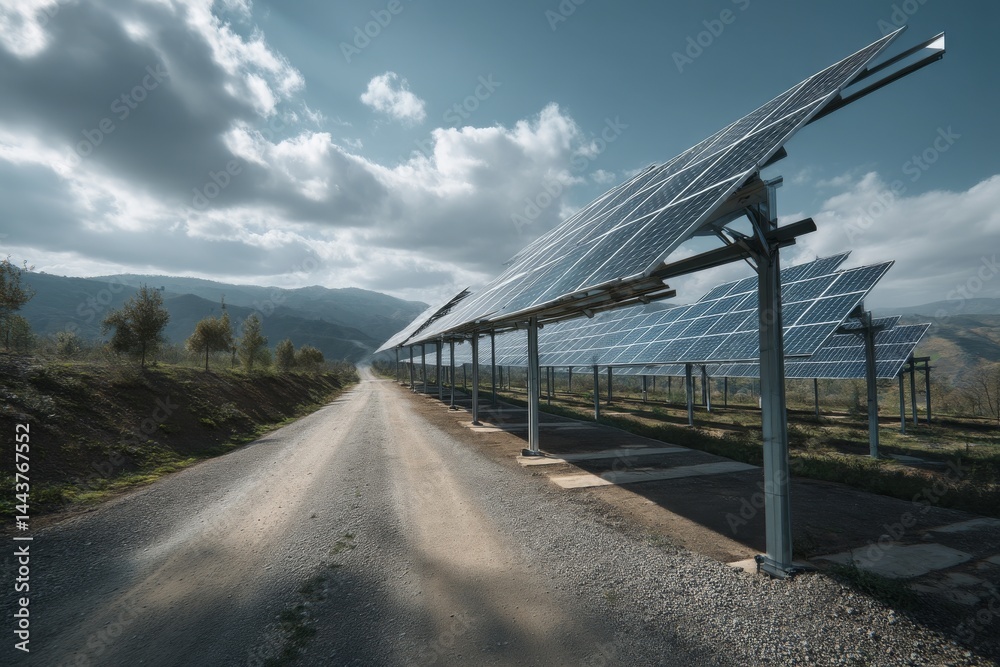 Fototapeta premium Solar Panels Array along Rural Road with Distant Mountain Range Under Cloudy Sky for Renewable Energy Production