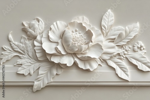 Ornate floral relief carving on a light beige surface.