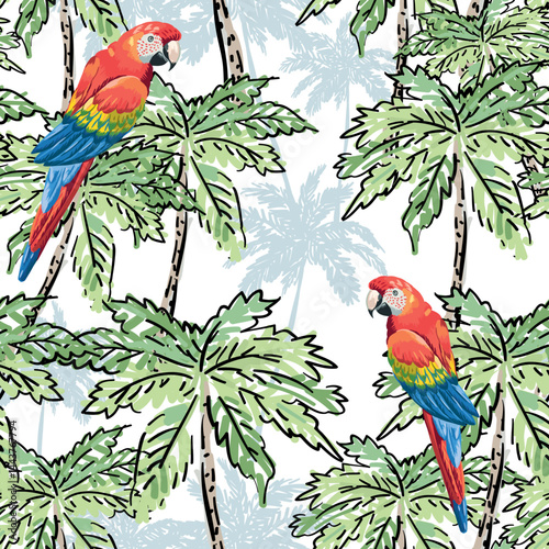 Tropical macaw parrots, green palm trees, white background. Seamless pattern. Vector illustration. Exotic plants, birds. Summer beach design. Paradise nature