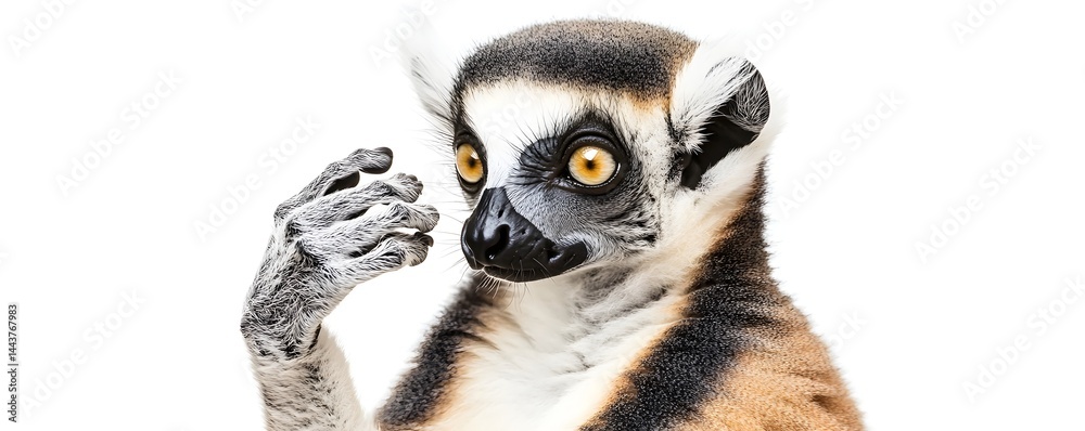 Fototapeta premium Ring tailed lemur stands against a bright white background