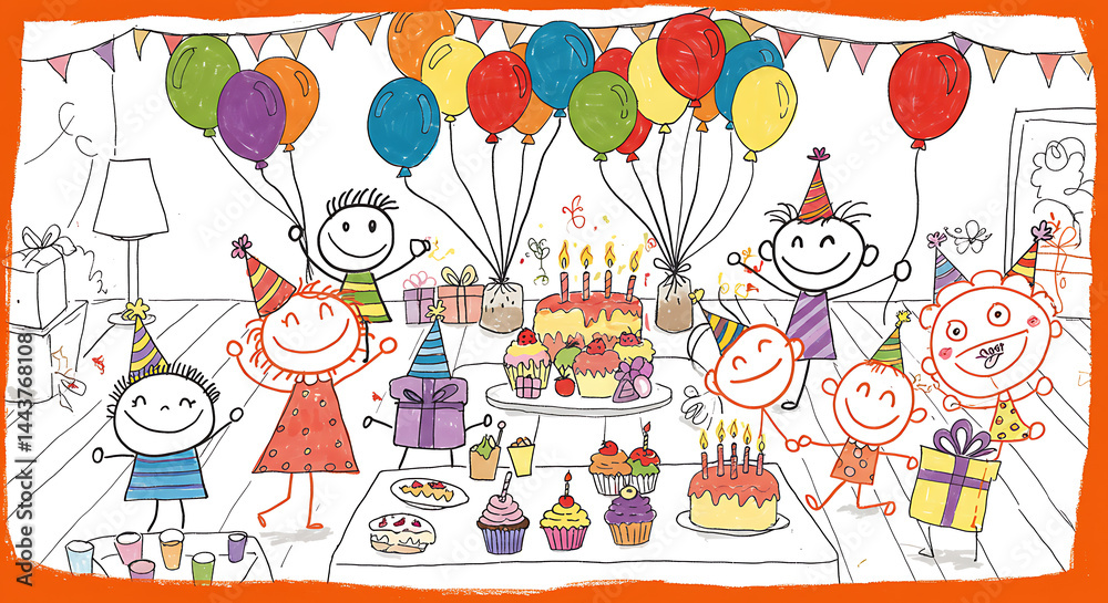 Obraz premium Cheerful stick figure birthday party celebration with colorful balloons gifts cake and happy children creating a fun and festive atmosphere