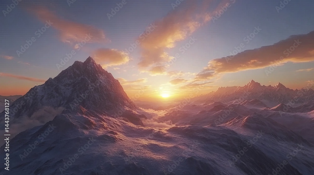 Obraz premium Majestic winter mountain landscape at sunset golden hour scenic view sky ice ray snow cold wild rock