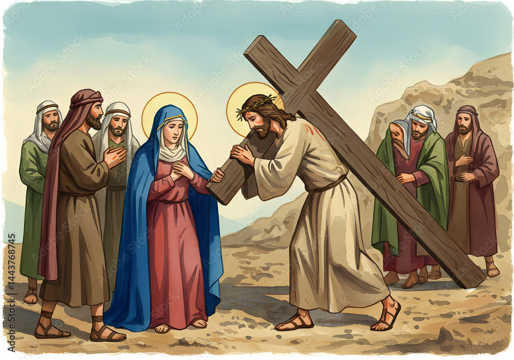 Fototapeta premium Jesus Christ Carrying Cross, Mary Supporting Him, Religious Scene Illustration.