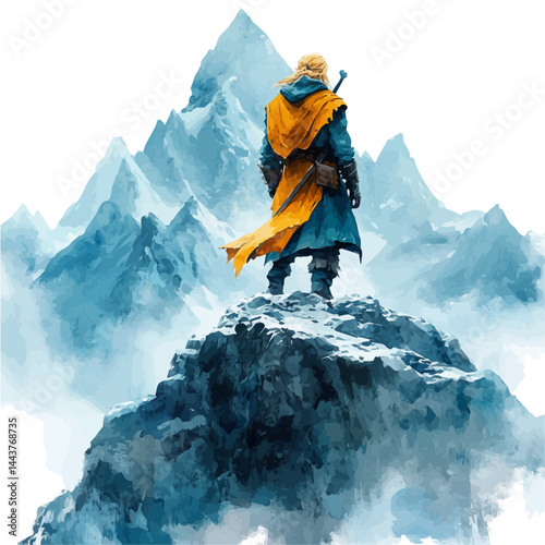 illustration of Norse Giantess Jotunn Raising A Mountain, watercolor vector, isolated on a white background.