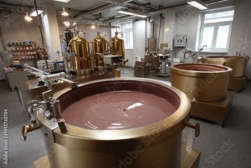 Chocolate Production: Molten Chocolate in Large Brass Vats, Modern Industrial Machinery and Preparation in Food Manufacturing Facility