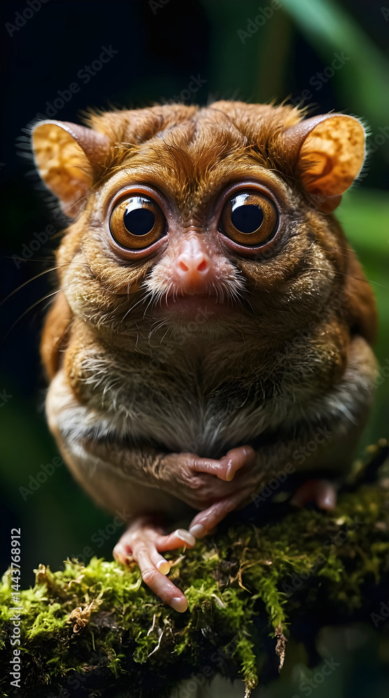 Close up of pygmy Tarsier, nocturnal primate found in central Sulawesi, Indonesia, rare animal and wildlife