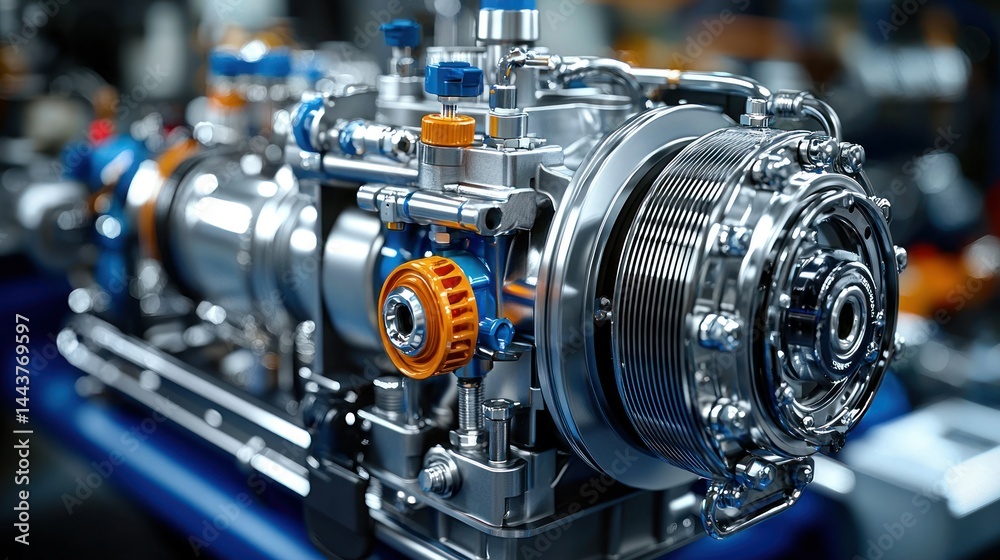 Engine detailed silver and blue mechanical component Engine detailed silver and blue mechanical component