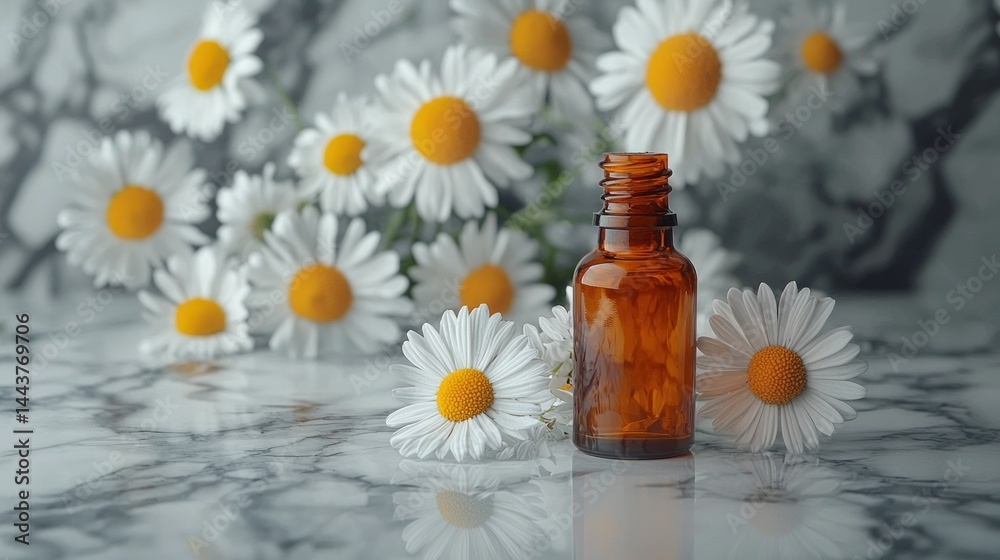 Essence bottle amidst daisies on marble surface still life Essence bottle amidst daisies on marble surface still life