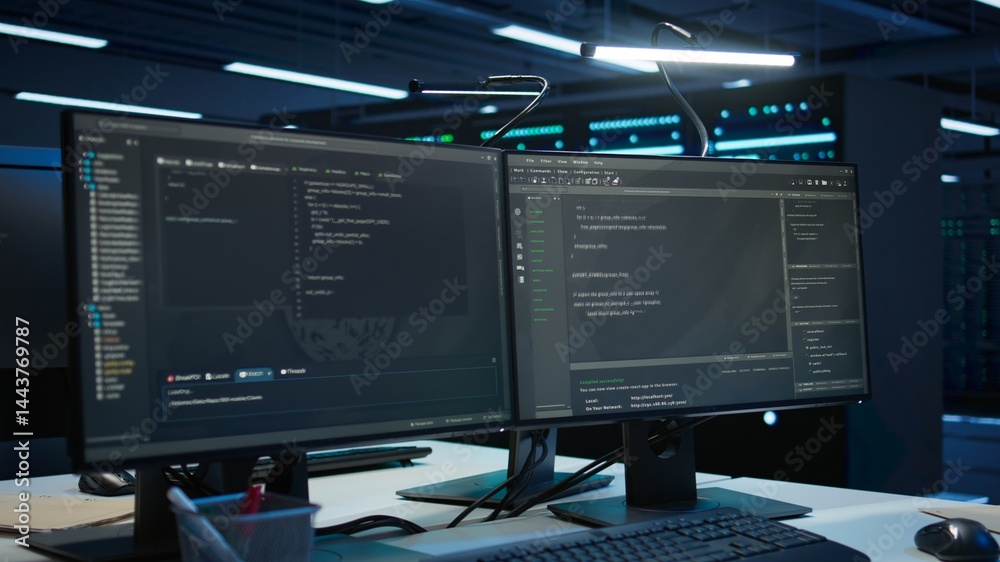 Computer displays in modern data center used for monitoring security threats threatening rigs. Panning shot of PCs used by high tech facility admins ensuring compliance with regulations Computer displays in modern data center used for monitoring security threats threatening rigs. Panning shot of PCs used by high tech facility admins ensuring compliance with regulations