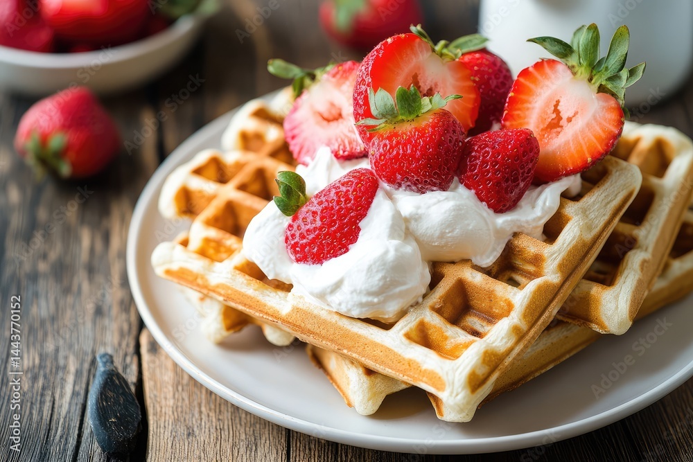 Waffles with strawberries and cream. AI generated illustration. Waffles with strawberries and cream. AI generated illustration.