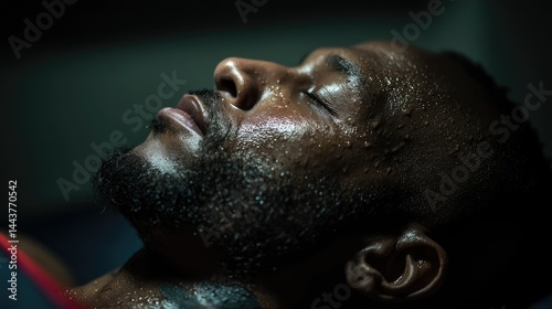 Man resting after exertion, sweat-drenched