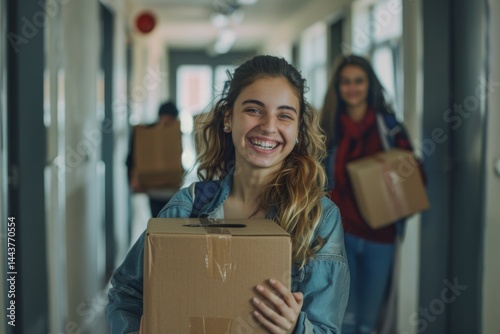 Smiling female college students carry boxes in dormitory hallway on moving day