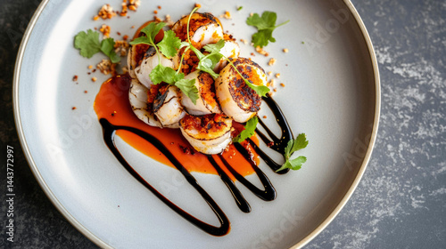  Delicious stuffed squid dish with herbs and sauces, Portuguese cuisine specialty 