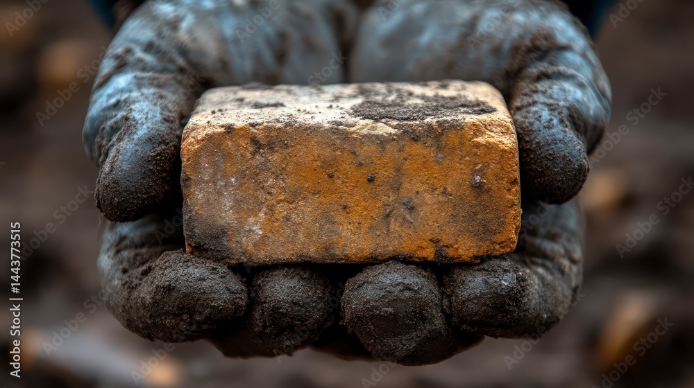 Worn Hands Holding a Weathered Brick Symbol of Labor and Durability Worn Hands Holding a Weathered Brick Symbol of Labor and Durability