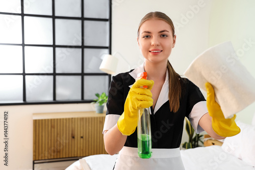 Young housemaid with deterg...