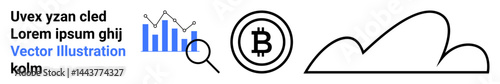 Magnifying glass examining data chart, Bitcoin symbol representing cryptocurrency, and cloud suggesting cloud technology. Ideal for technology, financial services, analytics, blockchain