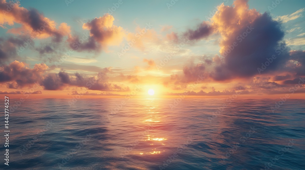 Obraz premium Serene ocean sunset with vibrant colorful cloudscape peaceful tranquil golden hour dramatic sky sea