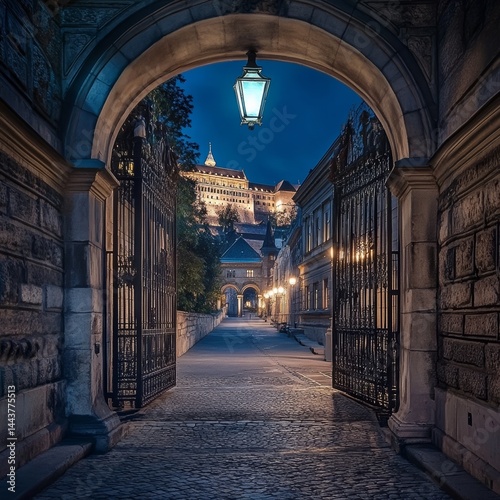 Buda Castle gate glows at night in Budapest.