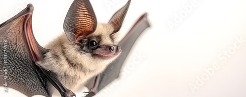 A cute pallid bat displays its wings against a white backdrop