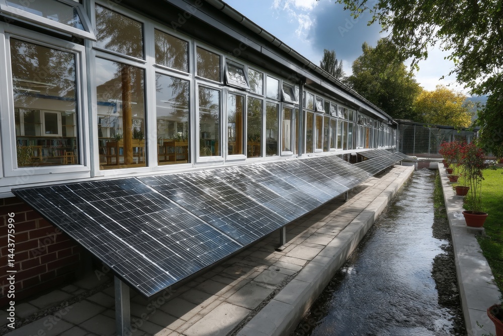 Long Building Row with Solar Panels and Reflective Windows by Narrow Waterway for Sustainable Green Energy Long Building Row with Solar Panels and Reflective Windows by Narrow Waterway for Sustainable Green Energy