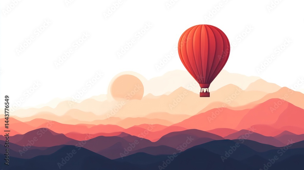 Fototapeta premium Hot Air Balloon Adventure Over Layered Mountains at Sunset