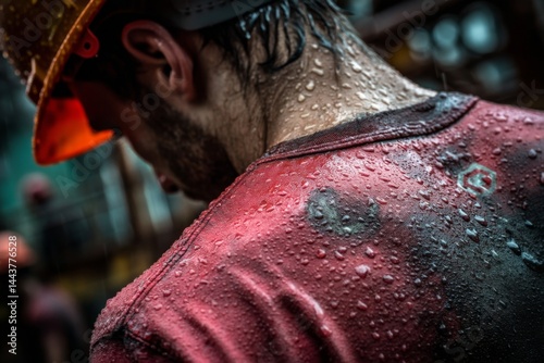 Construction Worker in Hardhat and Rain Gear after Working Outdoors in inclement weather conditions