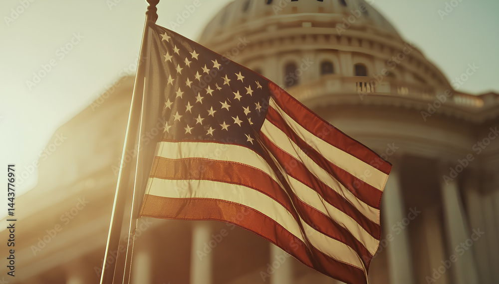 American flag waving in front of Capitol building, symbolizing freedom and democracy