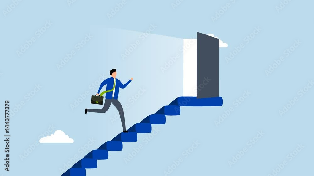Career opportunity, 4k animation of businessman walk staircase to find opening opportunity doo Career opportunity, 4k animation of businessman walk staircase to find opening opportunity doo