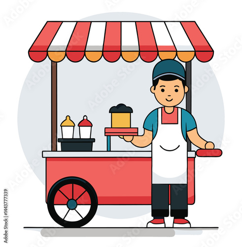 Smiling asian vendor holds treats next to his striped red cart with a transparent background