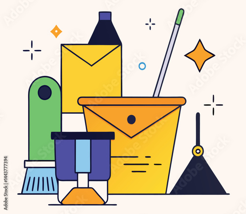 Cleaning supplies, like a bucket and mop, are ready to use now