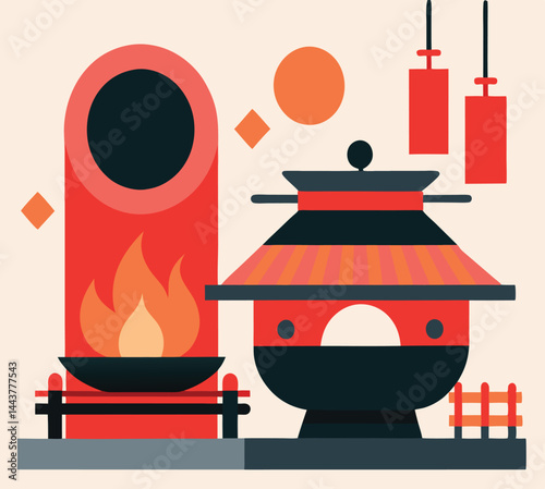 Geometric shapes show fire under a tower next to another structure on beige background