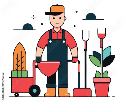 Caucasian gardener pushes plants in red cart with gardening tools on a white background