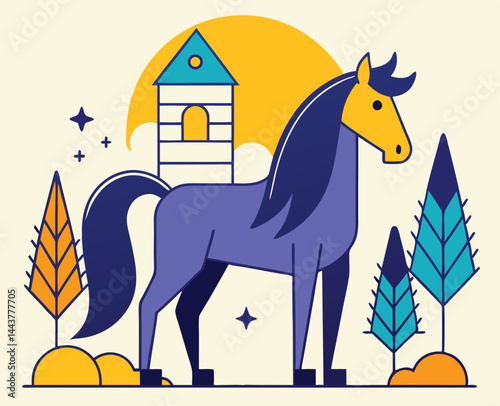 Stylized purple horse stands before a tower and yellow sun in a dreamlike landscape