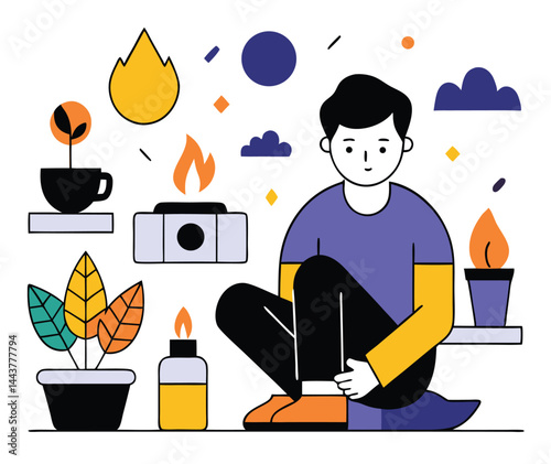 Young man sits among flames and plants, offering a calming, minimal aesthetic scene