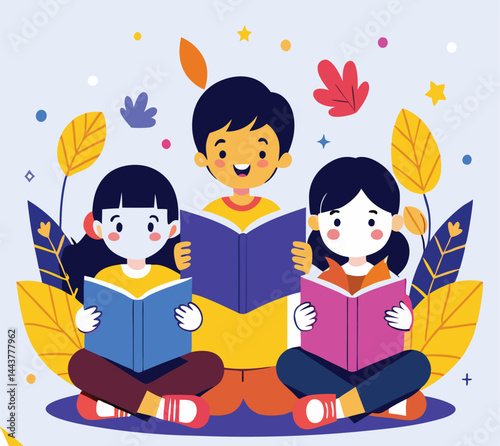 Diverse young students are studying with colorful books while sitting cross legged together