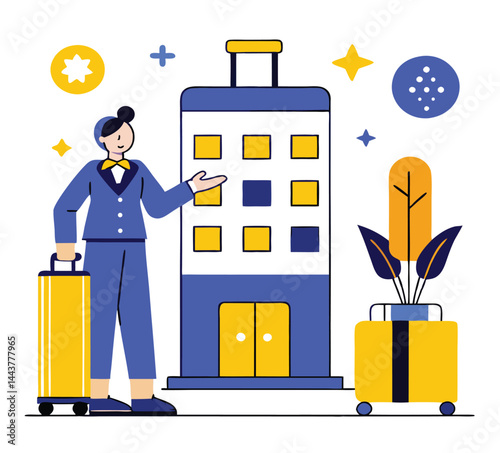 Female concierge presents a building while holding luggage on a white background with abstract shapes