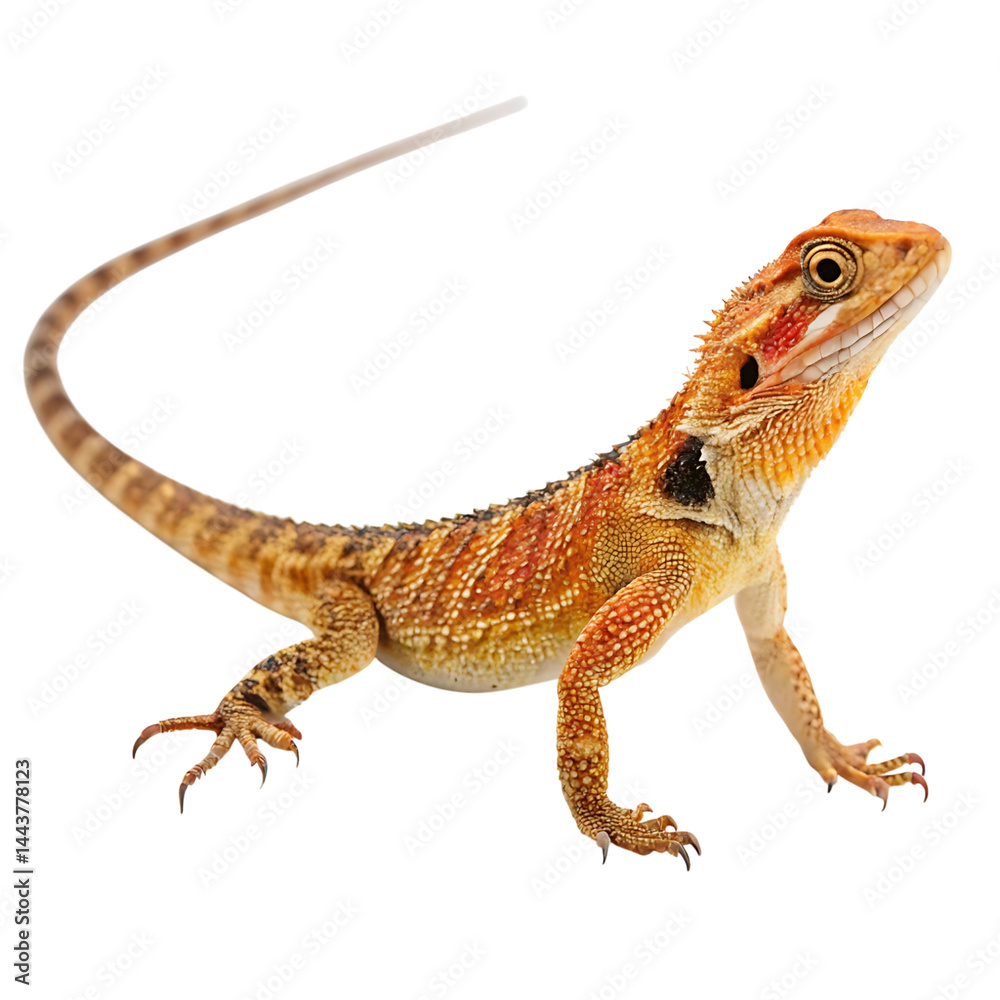 Fototapeta premium bearded dragon lizard with vibrant orange and brown skin details standing on a Transparent Background