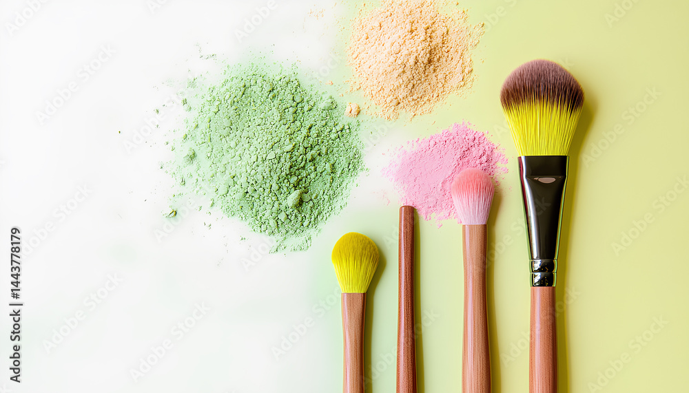 Close-up of makeup brushes and colorful cosmetic powders, eyeshadows. Beauty products. Creative beauty and makeup background