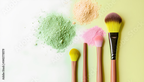 Obraz na płótnie Close-up of makeup brushes and colorful cosmetic powders, eyeshadows. Beauty products. Creative beauty and makeup background w salonie