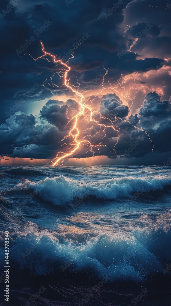 Fototapeta premium A stormy ocean with a lightning bolt in the sky