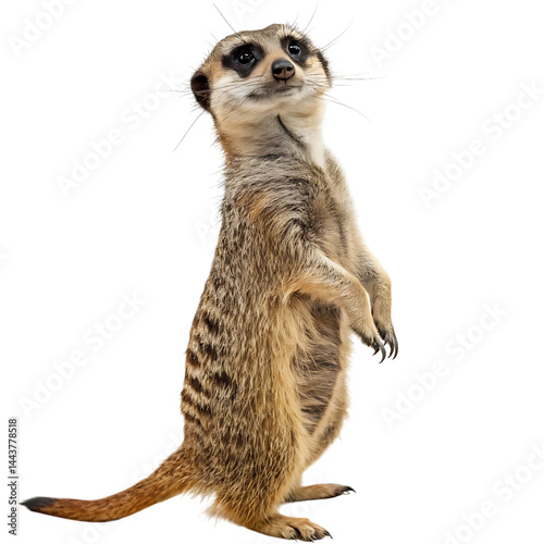 A meerkat standing with its paws raised, displaying curiosity and attentiveness in front of a plain Transparent Background