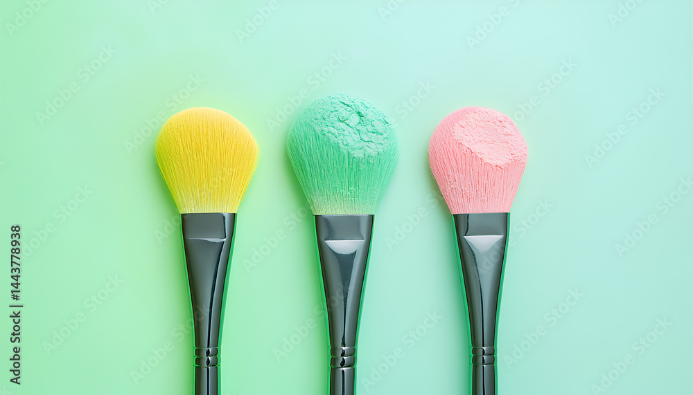 Close-up of makeup brushes and colorful cosmetic powders, eyeshadows. Beauty products. Creative beauty and makeup background