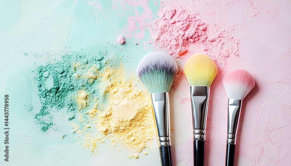 Close-up of makeup brushes and colorful cosmetic powders, eyeshadows. Beauty products. Creative beauty and makeup background