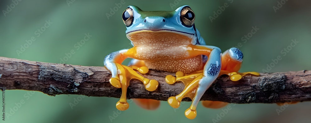 Fototapeta premium Splendid tree frog perched confidently on a textured branch